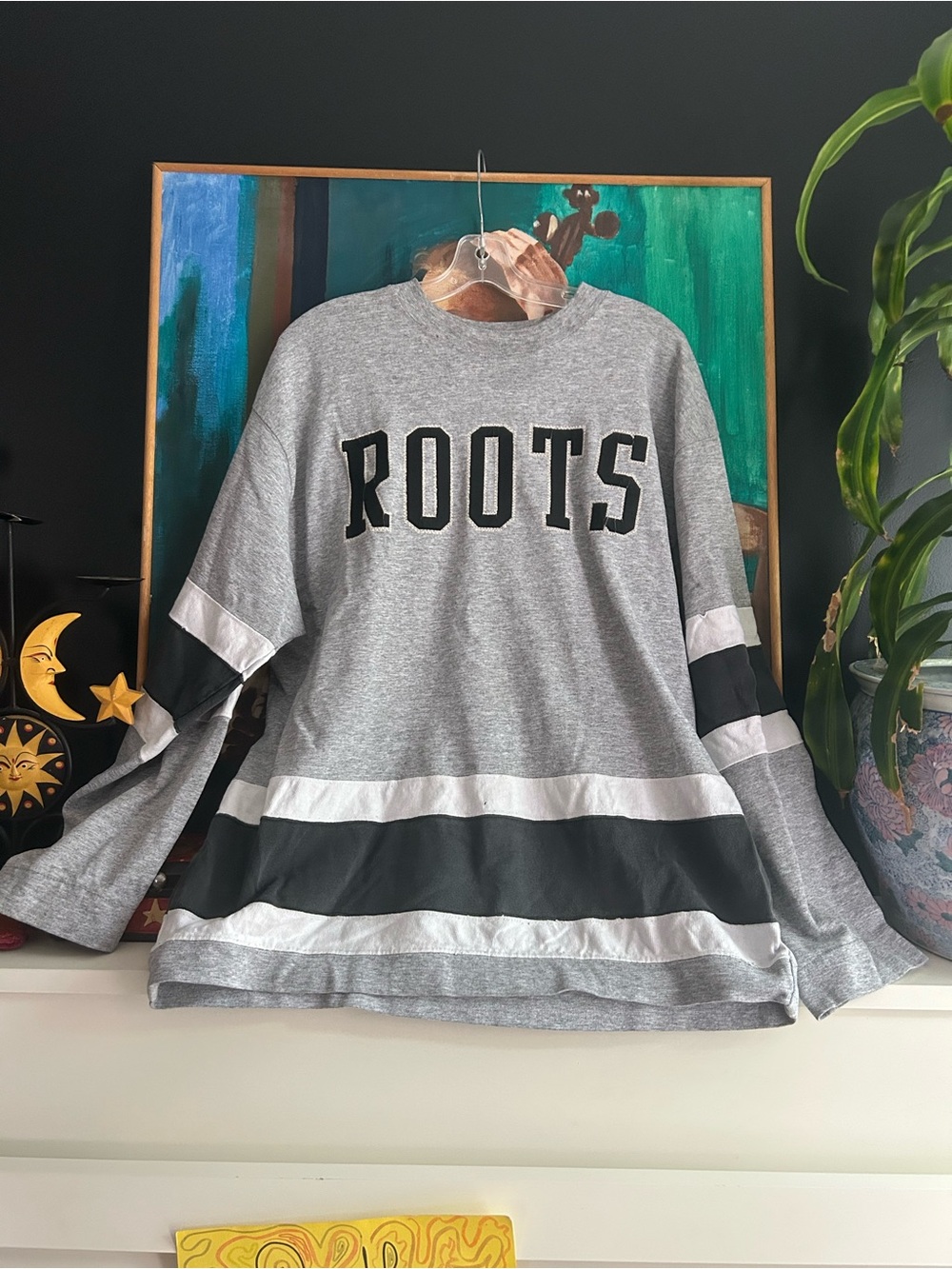 Vintage Y2K Roots Sporting Goods Hockey Jersey Long Sleeve Shirt Grey Black - Picture 2 of 16